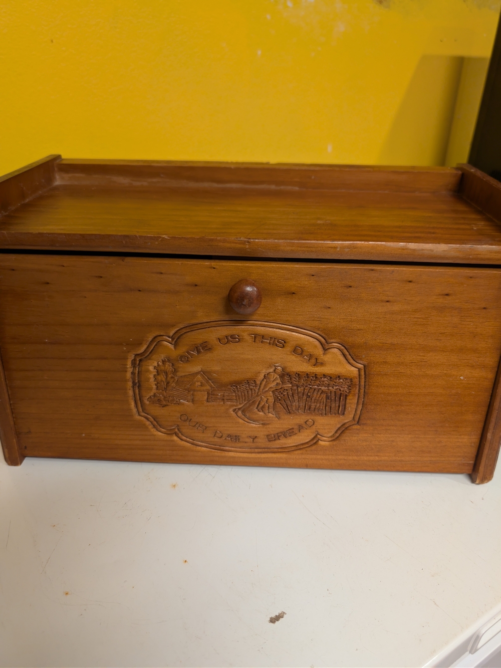 Wooden Bread Box with Carved 'Give Us This Day Our Daily Bread' Design - Brown